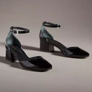 Reformation Black Patent Leather Block Heel Ankle Strap Pumps